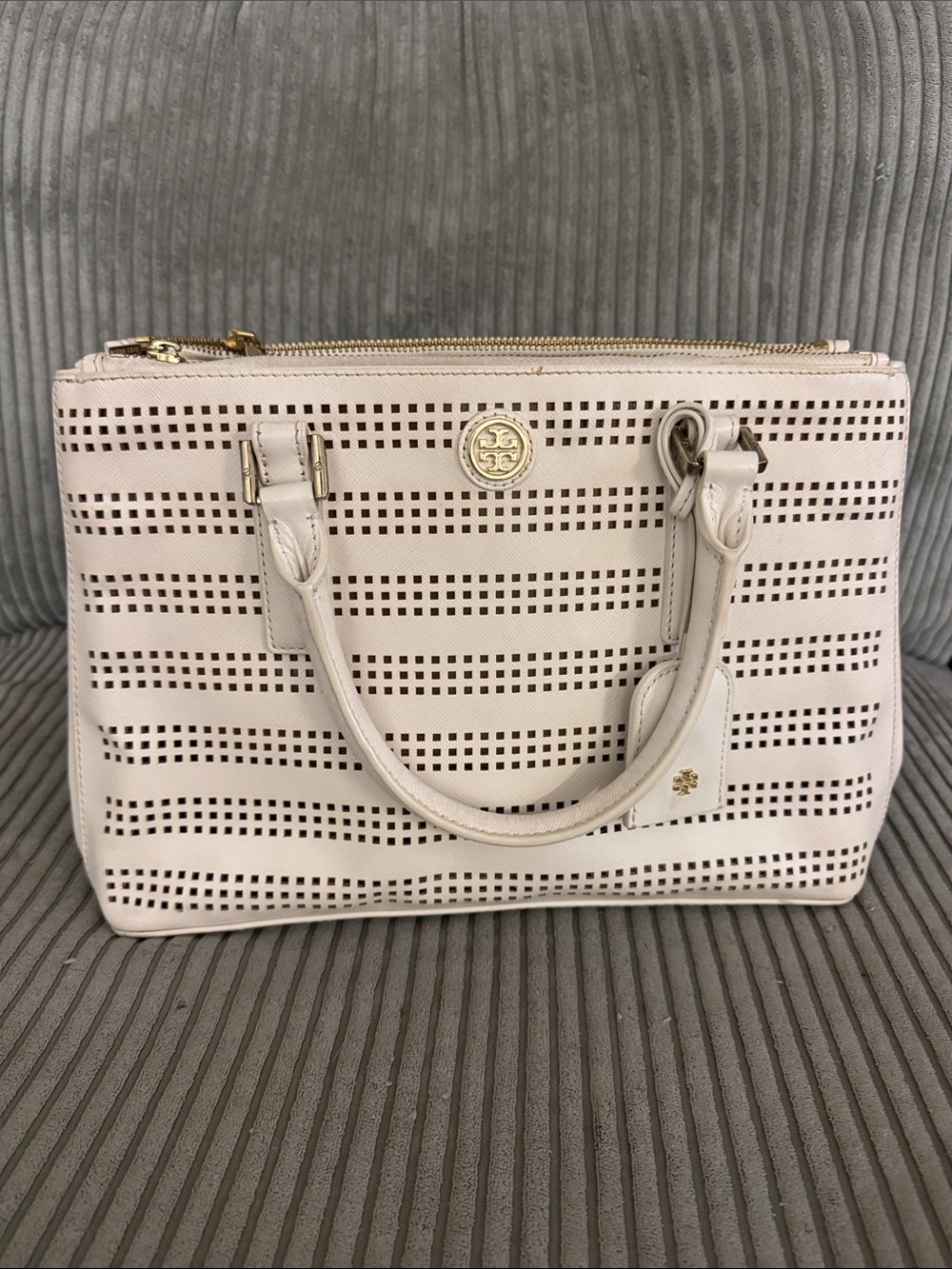 Tory Burch Cream Perforated Leather Tote with Gold Logo